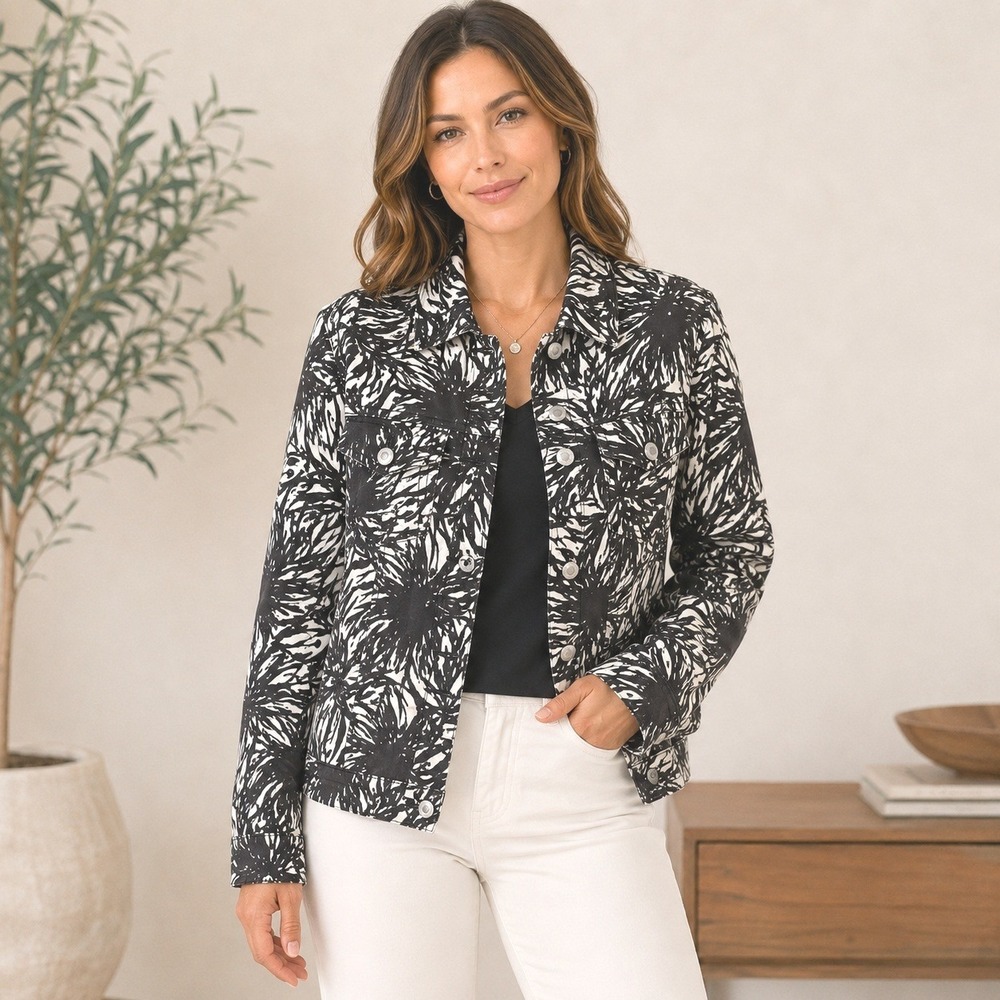 Lucy & Laurel 100% Linen Jacket XS Black White Abstract Floral Art Print Boho